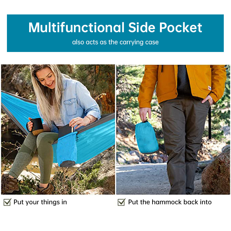 Light double nylon camping hammock with straps. Great for trips, beach, yard & garden.