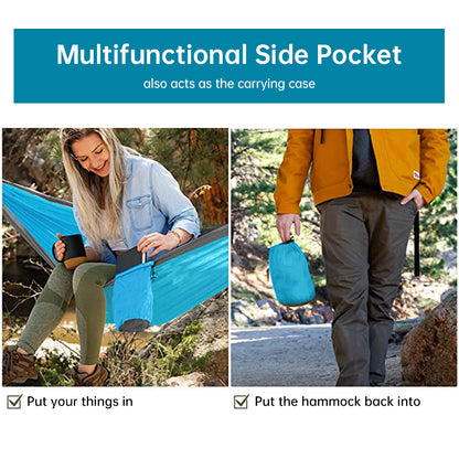 Light double nylon camping hammock with straps. Great for trips, beach, yard & garden.