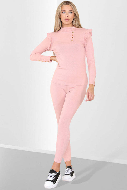 Side Buttons Frill Shoulder Side Neck Gold Button Detail Two Piece Loungewear Set