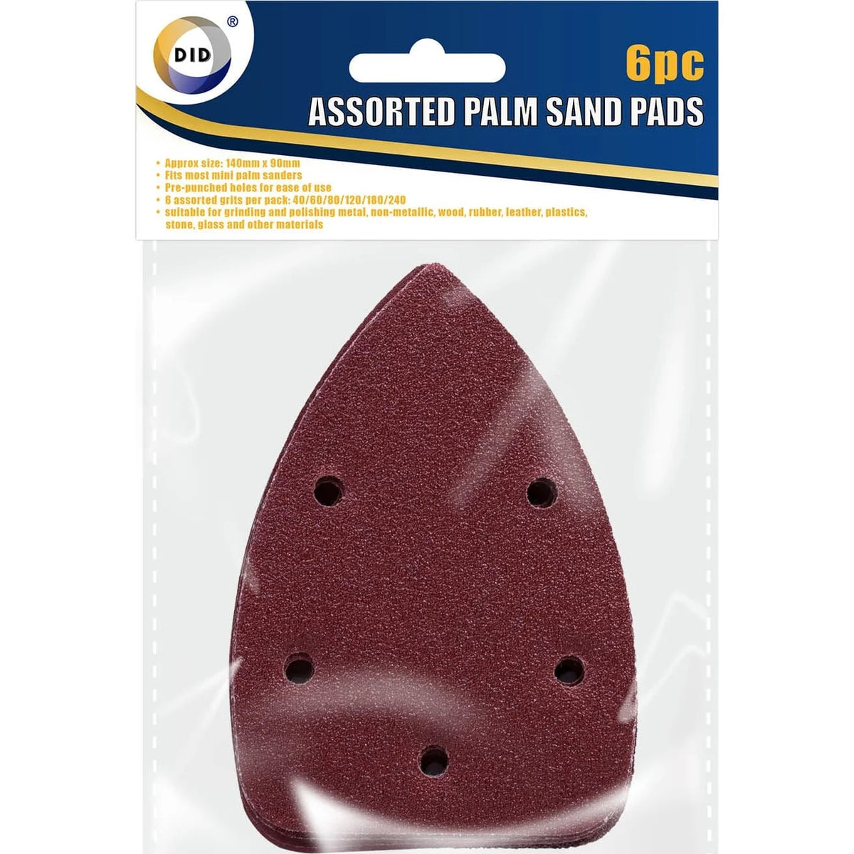 6PC Assorted Palm Sander Pads 140x90mm – 40 60 80 120 180 240 Grit Sanding Sheets, Pre-Punched Sandpaper for Wood, Metal, Plastic, Paint, DIY
