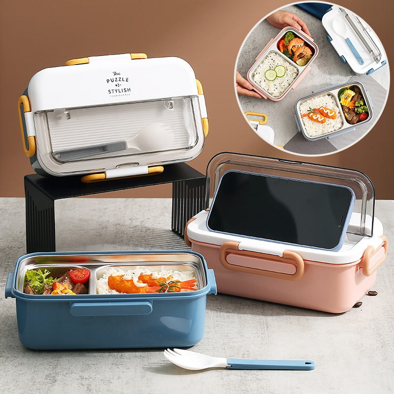 304 stainless steel lunch box with soup bowl school children's leakproof 2-grid bento box with spoon food storage container