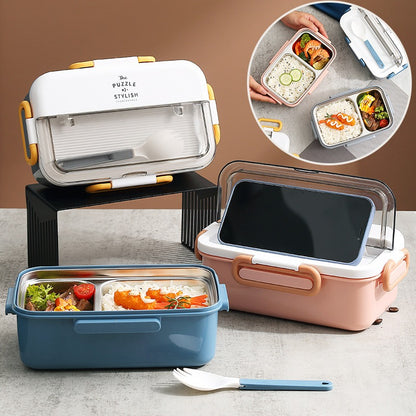 304 stainless steel lunch box with soup bowl school children's leakproof 2-grid bento box with spoon food storage container