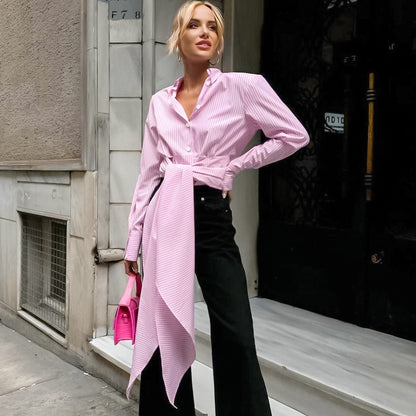 Design inspired lace up long sleeved shirt fashionable new versatile top for women