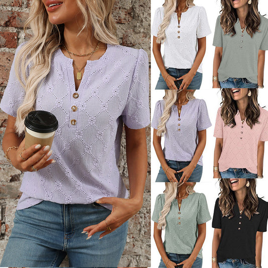 European and American round neck short sleeved flower jacquard top button T-shirt for women