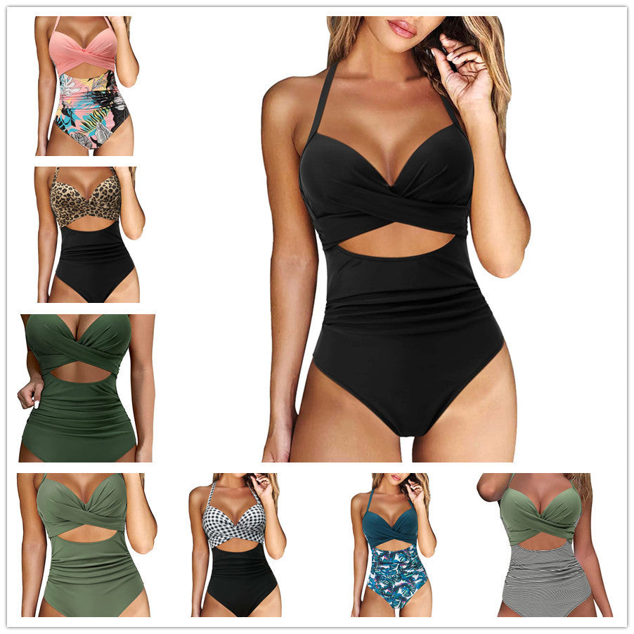 Swimwear New Swimwear European and American Women's Conservative One Piece Solid Color Cross Bikini