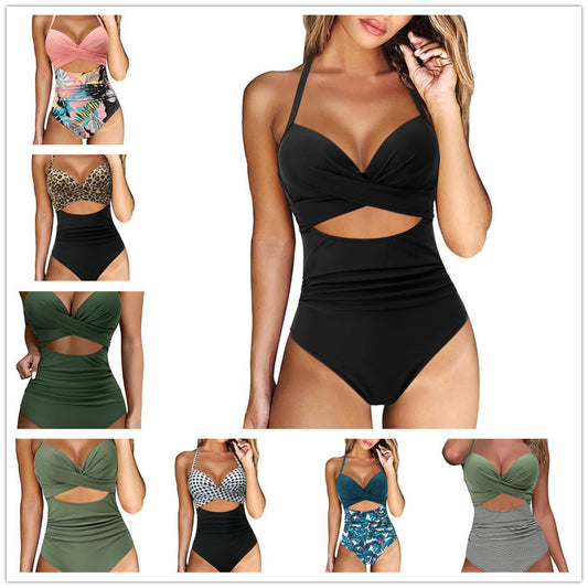 Swimwear New Swimwear European and American Women's Conservative One Piece Solid Color Cross Bikini