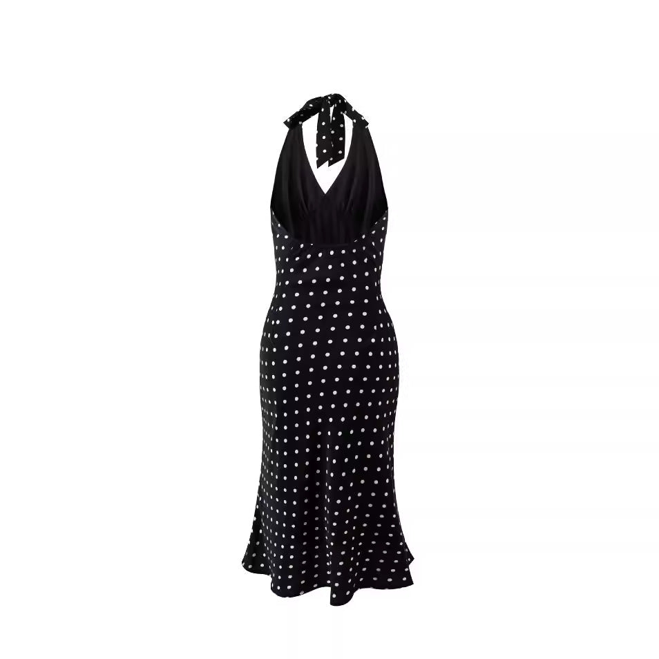 Polka print strap neck bag hip skirt dress