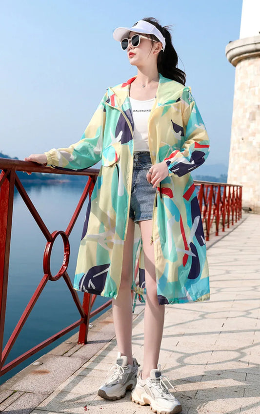 Printed mid length knee length sun protection suit, outdoor breathable lightweight jacket