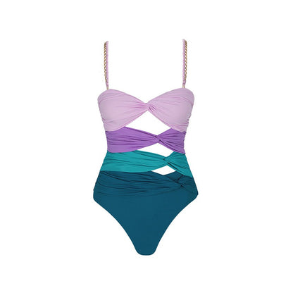 European and American new style hollow contrasting color one-piece swimsuit women's beach vacation suit