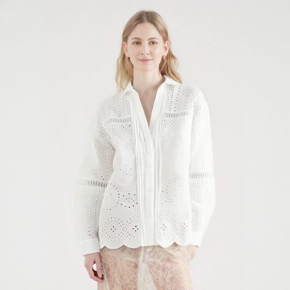 Fashionable vertical lace embroidered long sleeved loose shirt