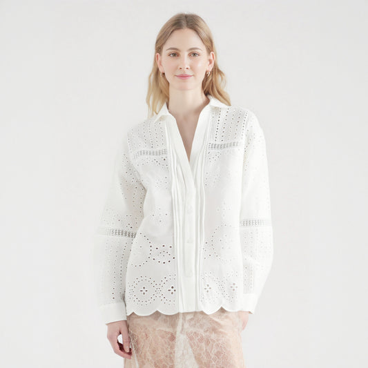 Fashionable vertical lace embroidered long sleeved loose shirt