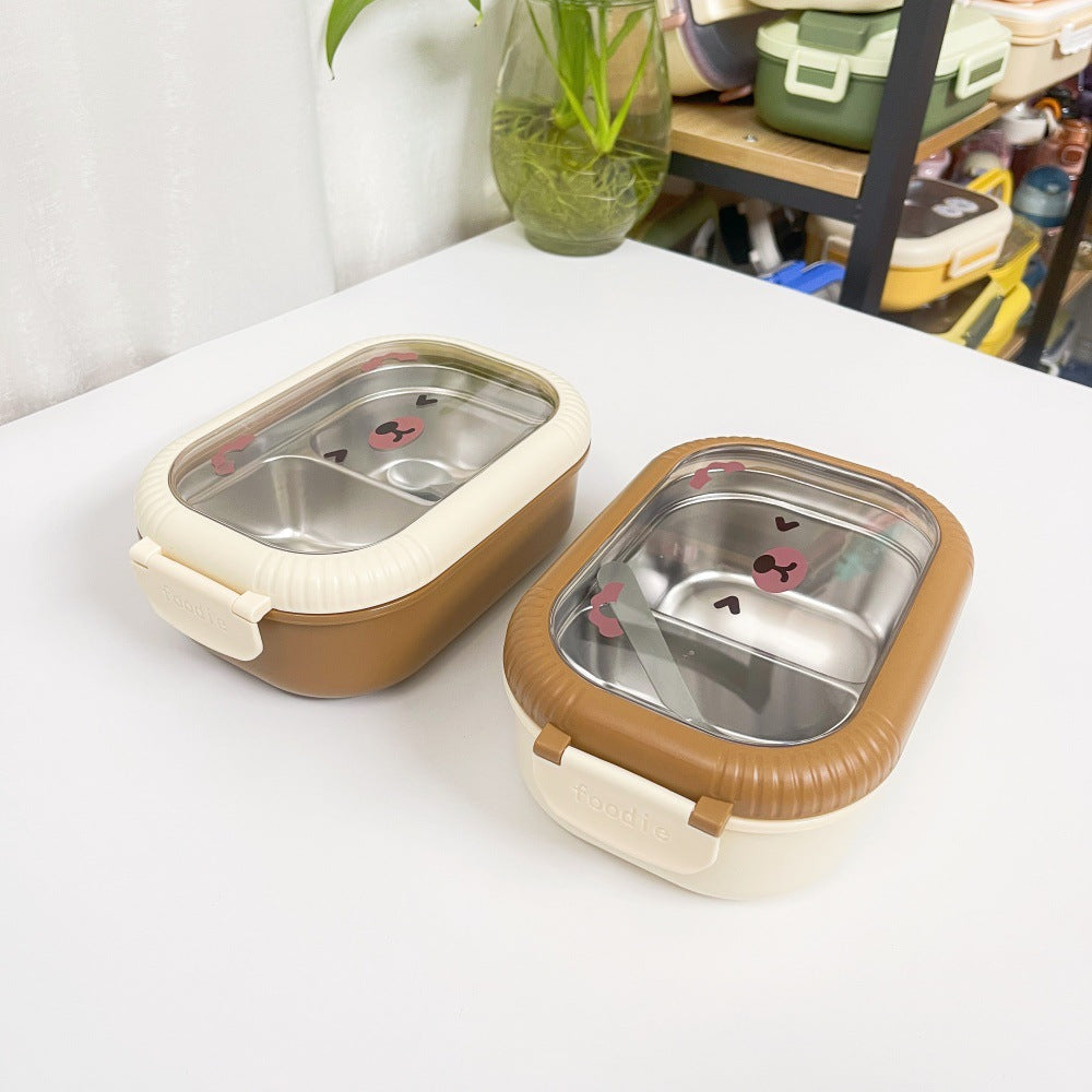Cartoon cute bear stainless steel portable compartment lunch box with lid
