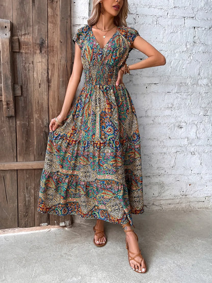 Colorful long dress V-neck high waisted skirt