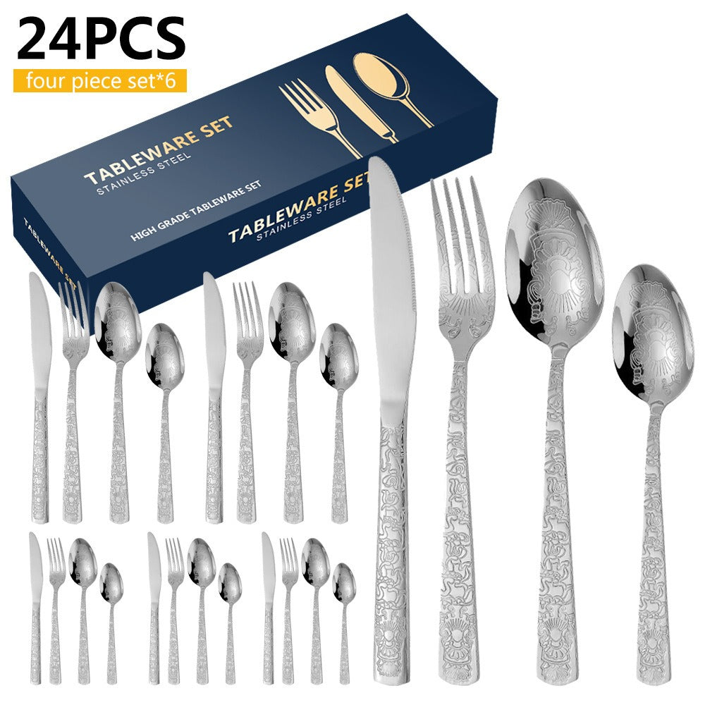 Patterned Stainless Steel Knife Fork And Spoon Cutlery 24-Piece Golden Western Steak Knife Fork And Spoon Set