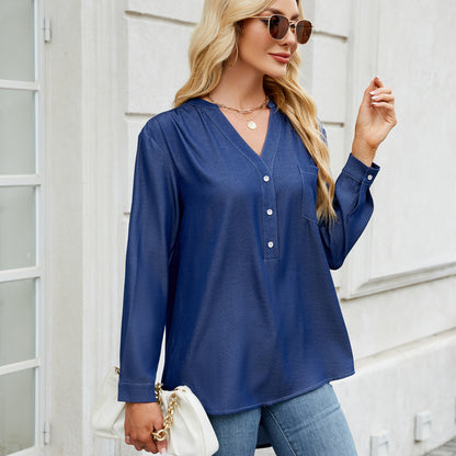 European and American V-neck one row button long sleeved shirt top