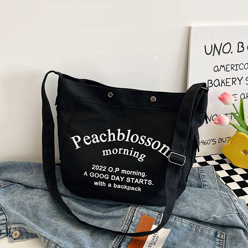 Letter canvas bag, women's new trendy tote bag, student class large capacity crossbody bag