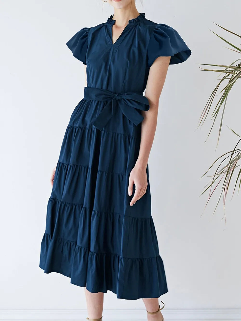 Ruched Tiered Notched Short Sleeve Dress