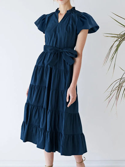Ruched Tiered Notched Short Sleeve Dress