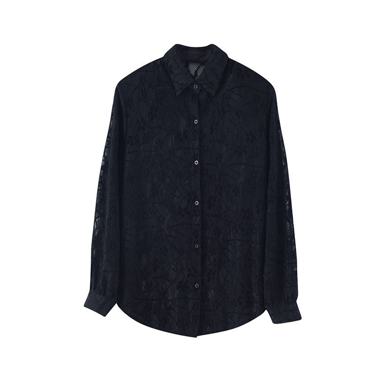 Asexual hollow embroidery jacquard micro perspective lace shirt men's front shoulder large padded shoulder long sleeved
