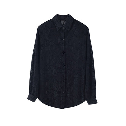 Asexual hollow embroidery jacquard micro perspective lace shirt men's front shoulder large padded shoulder long sleeved