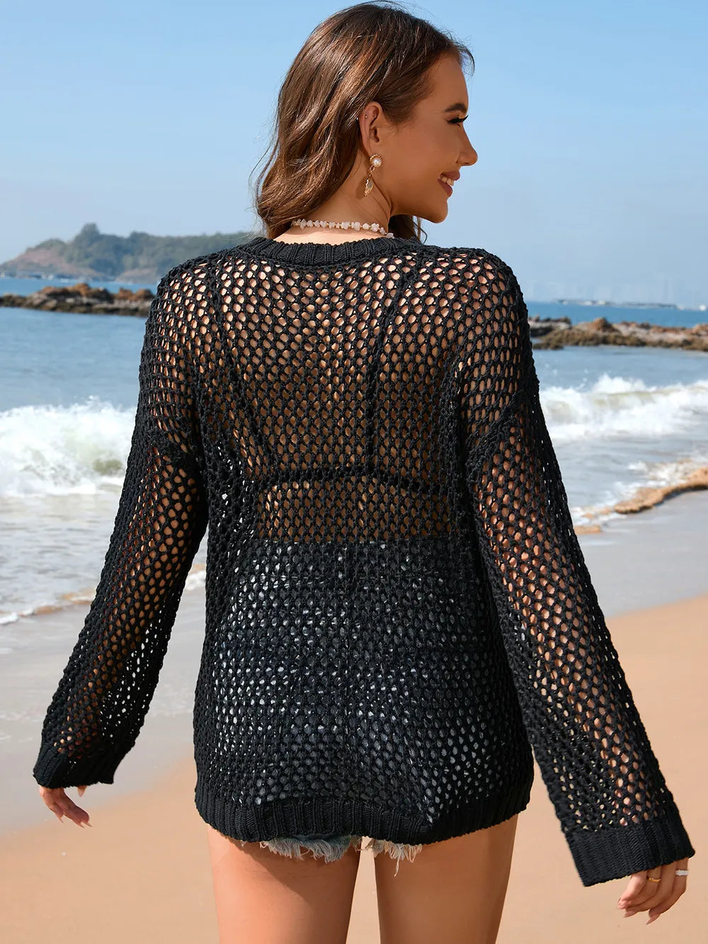 Women's Knitted Shirt Round Neck Love Beach Hoodie Resort Solid Color Women's Knitted Shirt