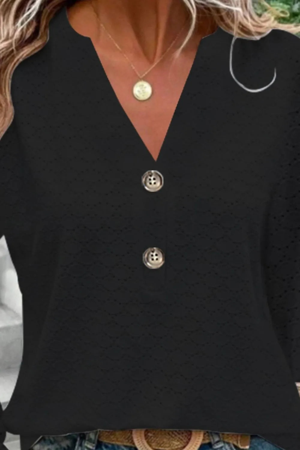 New Women's Fashion Casual Solid Color Button V-neck Long Sleeve