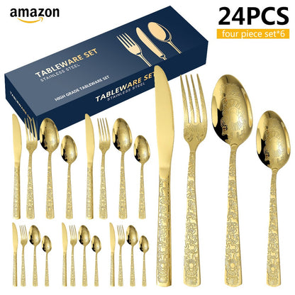 Patterned Stainless Steel Knife Fork And Spoon Cutlery 24-Piece Golden Western Steak Knife Fork And Spoon Set