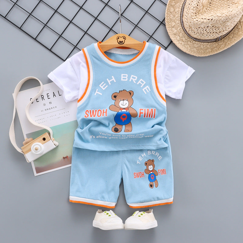 Children's Suit Summer Cartoon Bear Ball Suit Boys And Girls Fake Two-Piece Short Sleeve Shorts Baby Two-Piece Suit