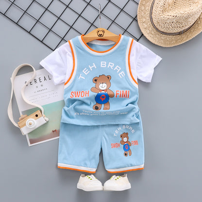 Children's Suit Summer Cartoon Bear Ball Suit Boys And Girls Fake Two-Piece Short Sleeve Shorts Baby Two-Piece Suit