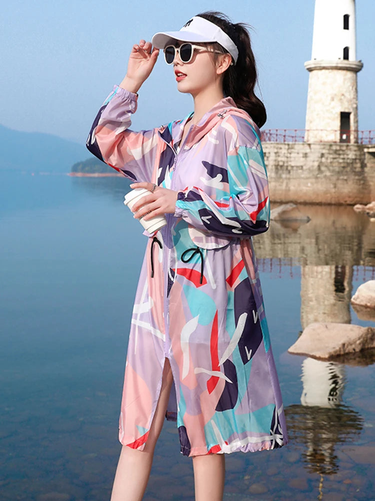 Printed mid length knee length sun protection suit, outdoor breathable lightweight jacket