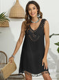Women's hand hook splicing tassel V-neck hollow vest skirt bikini cover shirt