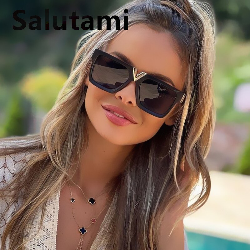 One Piece Square V shaped Sunglasses For Women New Fashon Oversized Balck Gradient Sun Glasses Female Pink Blue Shades Men Glasses