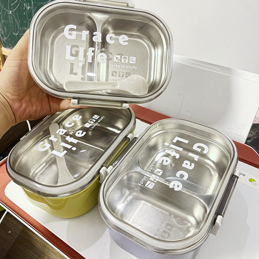 Korean style simple stainless steel two compartment lunch box with cutlery