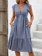 Lotus leaf sleeve skirt summer foreign trade blue loose jacquard dress