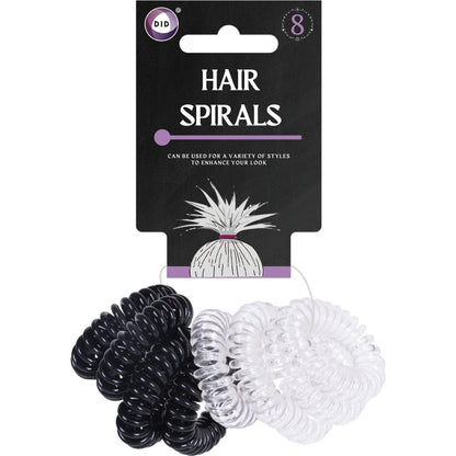 8 Pack Spiral Hair Ties – Black & Clear Coil Hair Bands, No-Crease Style Ponytail Holders for Buns, Ponytails, Everyday Hair Styling & Travel
