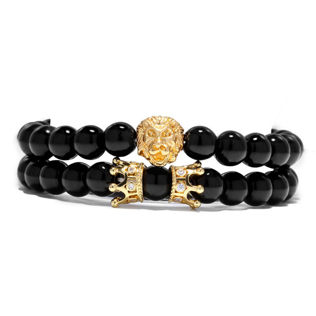 King Lion Bracelet Charm Crown Couple Braclet 5 kinds of Natural Stone Bead Braslet For Men Hand Jewelry Accessories