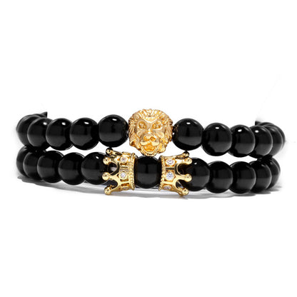 King Lion Bracelet Charm Crown Couple Braclet 5 kinds of Natural Stone Bead Braslet For Men Hand Jewelry Accessories