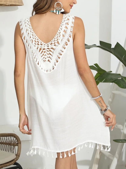 Women's hand hook splicing tassel V-neck hollow vest skirt bikini cover shirt