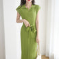 Collar loose plus size knit dress, mid length lace up dress
