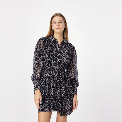 Early spring new chiffon leopard print long sleeved dress with a lapel and puffy skirt