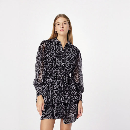 Early spring new chiffon leopard print long sleeved dress with a lapel and puffy skirt