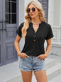 Solid color V-neck button loose short sleeved T-shirt top