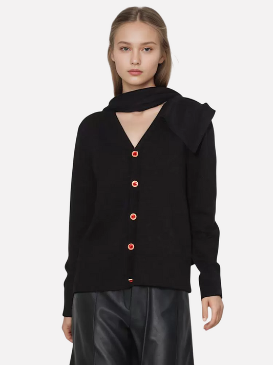 Scarf style hat patchwork single breasted long sleeved knitted sweater for women