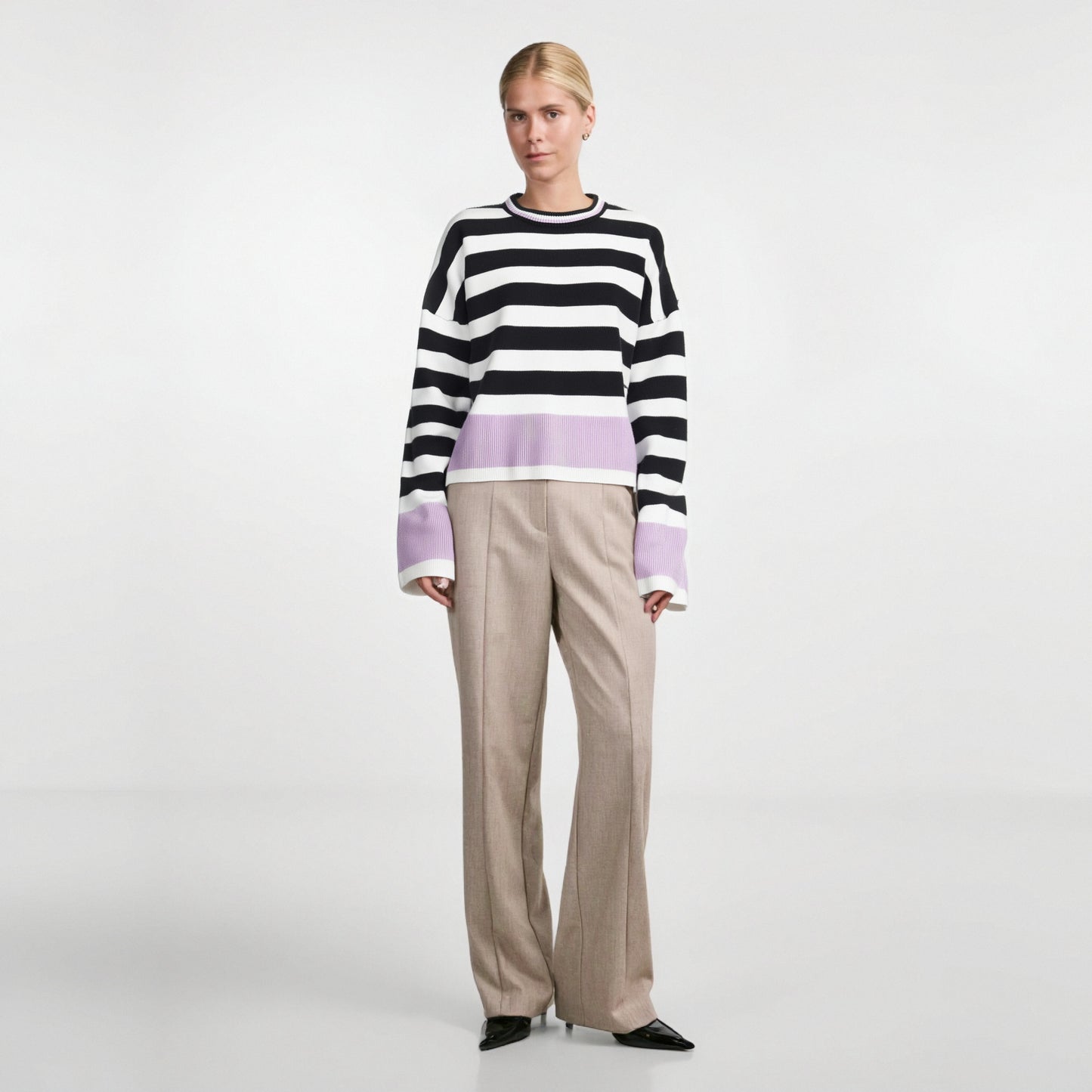 Women's striped long sleeved round neck knitted sweater top for women