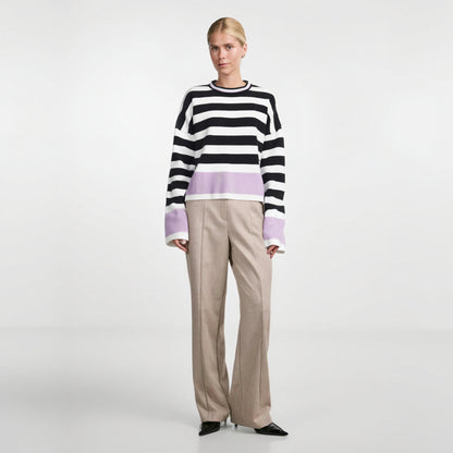 Women's striped long sleeved round neck knitted sweater top for women