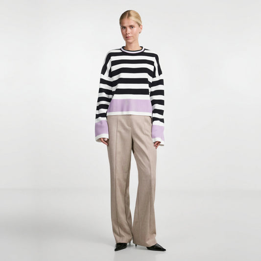 Women's striped long sleeved round neck knitted sweater top for women