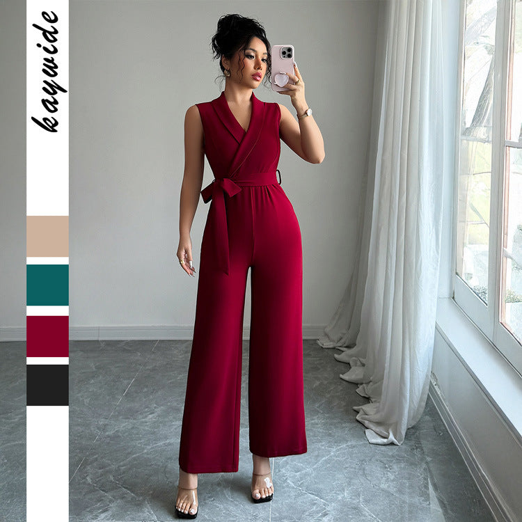 Minimalist style waist cinched wide leg pants for women's jumpsuit