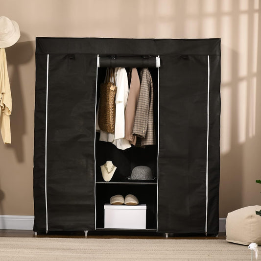 Fabric Canvas Wardrobe Clothes Storage Cupboard Hanging Rail Shelving Practical