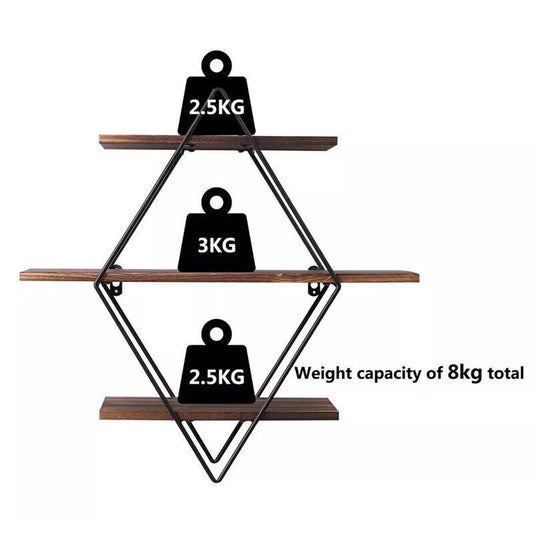 3 Tiered Floating Wall Mounted Display Shelf Wooden Shelves Black Frame Shelving