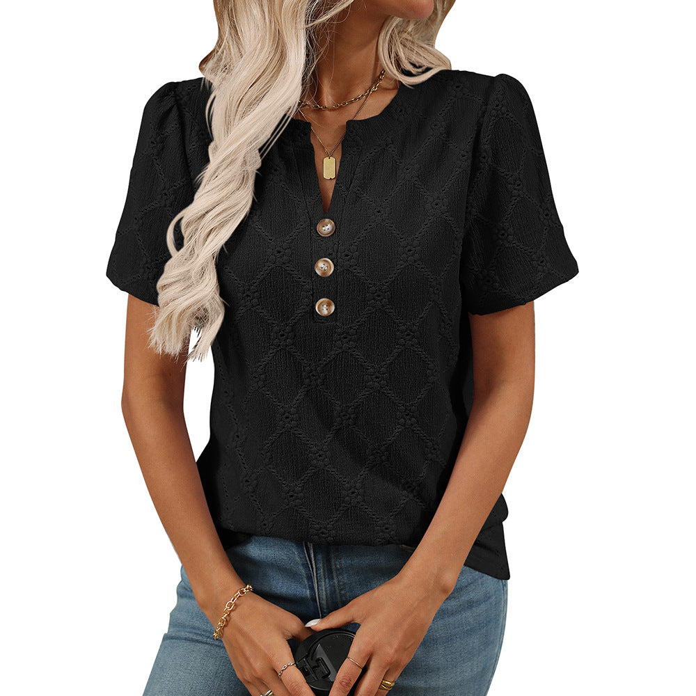 European and American round neck short sleeved flower jacquard top button T-shirt for women